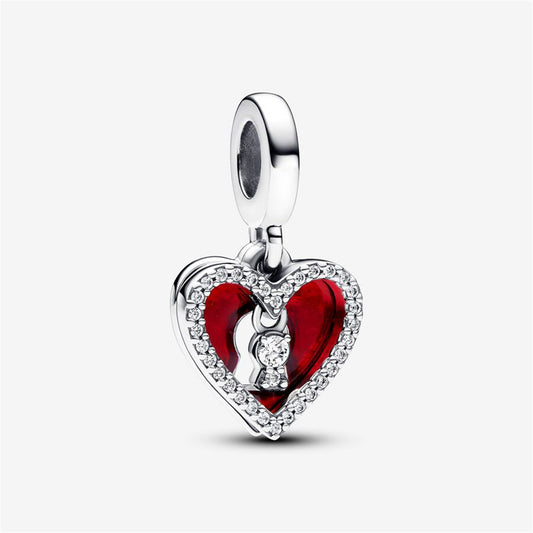 S925 Sterling Silver Red Heart & Keyhole Double Dangle Charm