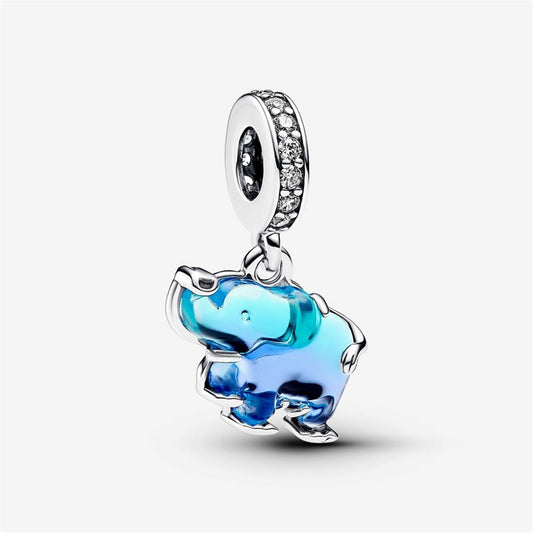S925 Sterling Silver Blue Murano Glass Elephant Dangle Charm