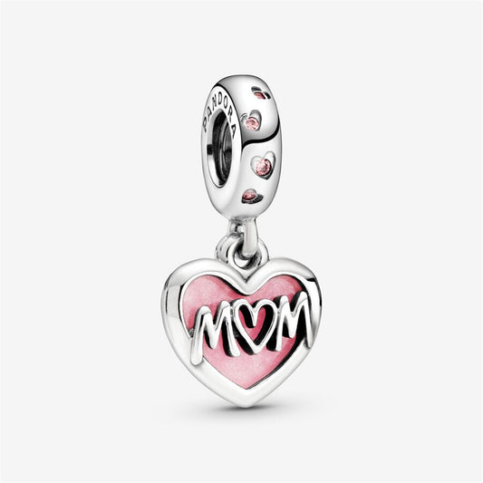 S925 Sterling Silver Mom Script Heart Dangle Charm