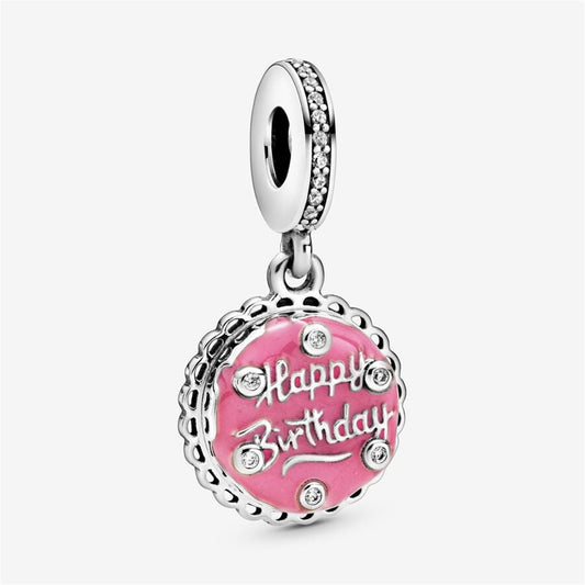 S925 Sterling Silver Pink Birthday Cake Dangle Charm