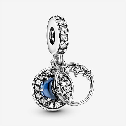 S925 Sterling Silver Blue Night Sky Crescent Moon & Stars Dangle Charm
