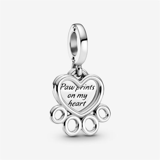 S925 Sterling Silver Hearts & Paw Print Dangle Charm