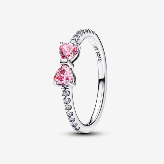 S925 Sterling Silver Sparkling Pink Bow Ring