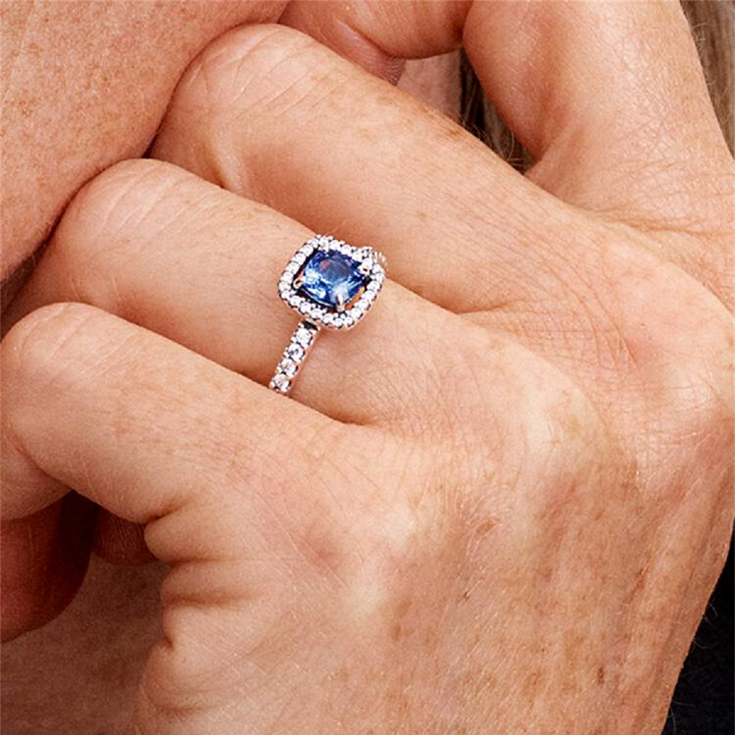 S925 sterling silver Sparkling Square Blue Halo Ring